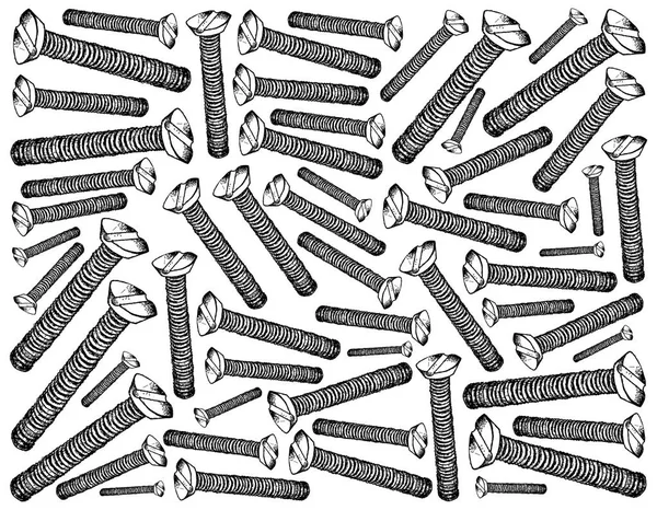 Manufacturing and Industry, Illustration Hand Drawn Sketch Wallpaper Background of Cross Recessed Countersunk Head Machine Screws with Flat Top. Used to Clamp Machine Parts Together.