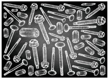 İmalat ve sanayi, Asansör civatalar, makine vidaları kesme ve kaplin fındık üzerinde siyah kara tahta iplik illüstrasyon elle çizilmiş kroki duvar kağıdı arka plan.