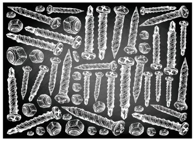 İmalat ve sanayi, illüstrasyon elle çizilmiş kroki duvar kağıdı arka plan vida ve fındık. Fastener malzemeleri birlikte siyah kara tahta tutturmak için kullanılan bir tür.