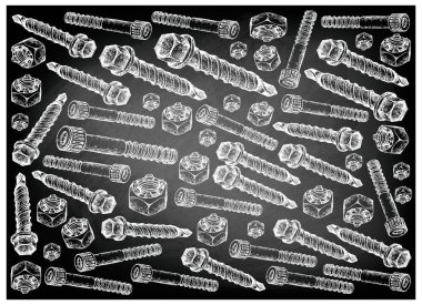 İmalat ve sanayi, illüstrasyon elle çizilmiş kroki duvar kağıdı arka plan soket vidalar, raf sondaj sac vidaları ve siyah kara tahta kale fındık.