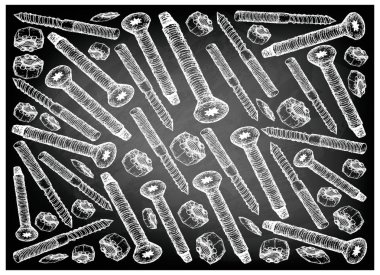 İmalat ve sanayi, illüstrasyon elle çizilmiş kroki duvar kağıdı arka plan iş parçacığı kesme makinesi vida, askı cıvata ve siyah kara tahta oluklu fındık