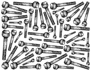 İmalat ve sanayi, illüstrasyon elle çizilmiş kroki duvar kağıdı arka plan onaltılık yığını kap vidaları veya makine cıvata Hex. Fastener harici bir erkek iplik ile bir tür. 