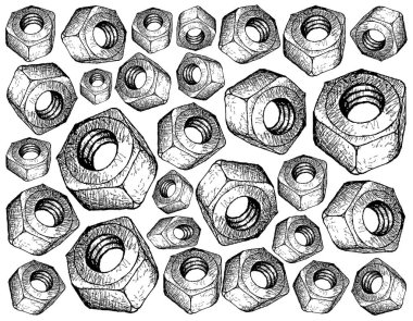 İmalat ve sanayi, el çizilmiş kroki duvar kağıdı arka plan ağır altıgen fındık. İle birlikte parçaları tutturmak için bir çiftleşme cıvata ile birlikte kullanılan vida dişli delik zımba.