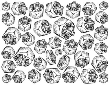 İmalat ve sanayi, illüstrasyon elle çizilmiş kroki oluklu fındık veya kale fındık duvar kağıdı arka. Vida dişli delik ile Fastener