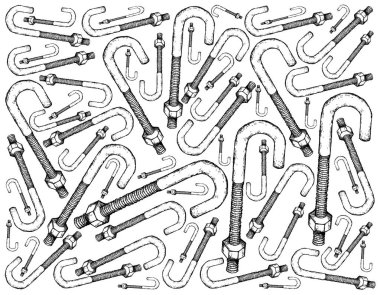 İmalat ve sanayi, J illüstrasyon elle çizilmiş kroki duvar kağıdı arka plan cıvata veya cıvata çapa. Nesneleri veya yapıları taş, beton ve duvar bağlamak için kullanılan bir raptiye.