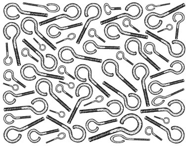 İmalat ve sanayi, vida göz kabloları nesnelere bağlamak için kullanılan saç ile illüstrasyon elle çizilmiş kroki duvar kağıdı arka plan.