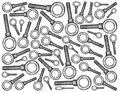 İmalat ve sanayi, vida göz kabloları nesnelere bağlamak için kullanılan saç ile illüstrasyon elle çizilmiş kroki duvar kağıdı arka plan.