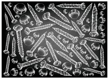 İmalat ve sanayi, illüstrasyon elle çizilmiş kroki duvar kağıdı arka plan ağaç vidaları, sac vidaları ve siyah kara tahta kap fındık