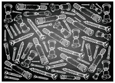 İmalat ve sanayi, illüstrasyon elle çizilmiş kroki duvar kağıdı arka plan ağaç vidaları, çiftleşme vida, seks cıvata ve siyah kara tahta üzerinde omuz cıvata