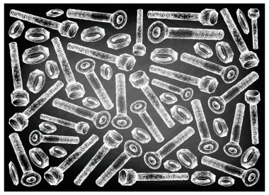 İmalat ve sanayi, illüstrasyon elle çizilmiş kroki duvar kağıdı arka plan onaltılık cıvata, vida ve reçel fındık siyah kara tahta üzerinde soket