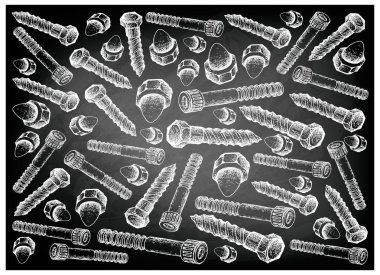 İmalat ve sanayi, illüstrasyon elle çizilmiş kroki duvar kağıdı arka plan gecikme cıvata, vida ve siyah kara tahta meşe palamudu fındık soket
