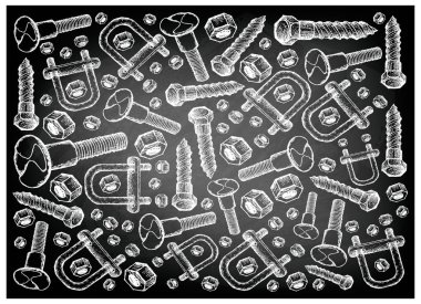 İmalat ve sanayi, illüstrasyon elle çizilmiş kroki duvar kağıdı arka plan çiftleşme vidalar, civatalar ve U cıvata Lag. Fastener malzemeleri birlikte tutturmak için kullanılan bir tür.