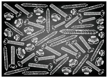 İmalat ve sanayi, makine vidaları, illüstrasyon elle çizilmiş kroki duvar kağıdı arka plan çift uçlu vida ve siyah kara tahta T fındık