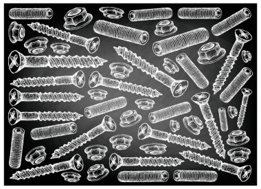 İmalat ve sanayi, ağaç vidaları, illüstrasyon elle çizilmiş kroki duvar kağıdı arka plan siyah kara tahta vida ve flanş somun ayarla.