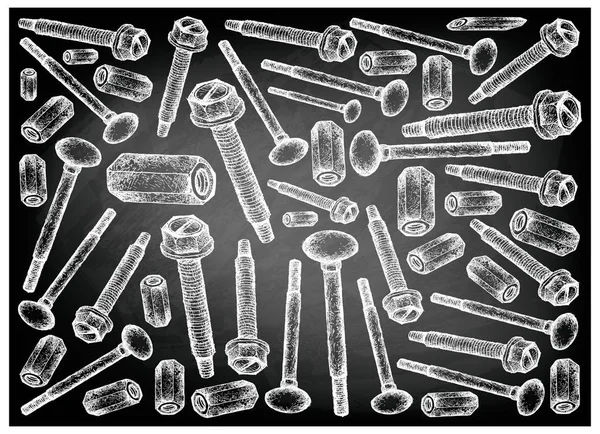 İmalat ve sanayi, Asansör civatalar, makine vidaları kesme ve kaplin fındık üzerinde siyah kara tahta iplik illüstrasyon elle çizilmiş kroki duvar kağıdı arka plan.