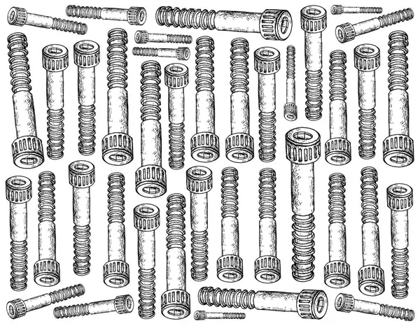 İmalat ve sanayi, illüstrasyon elle çizilmiş kroki duvar kağıdı arka plan soket vidalar. Zımba makinesi parçaları, Die fikstür ve Clampin kullanılan bir tür