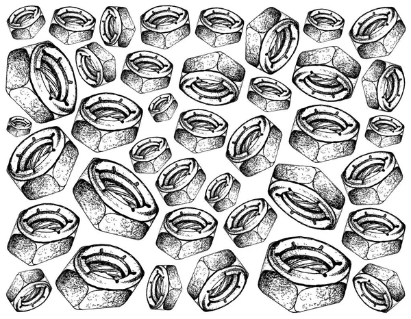 İmalat ve sanayi, kroki duvar kağıdı arka plan naylon kilit fındık veya Nyloc fındık ekleyin. İle birlikte parçaları tutturmak için cıvata çiftleşme ile birlikte kullanılan vida dişli delik zımba