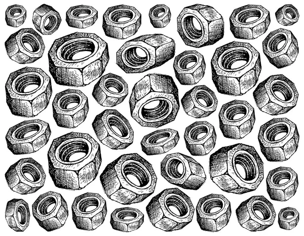 İmalat ve sanayi, Hex Nuts illüstrasyon elle çizilmiş kroki duvar kağıdı arka plan. İle birlikte parçaları tutturmak için bir çiftleşme cıvata ile birlikte kullanılan vida dişli delik zımba.