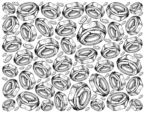 İmalat ve sanayi, illüstrasyon elle çizilmiş kroki duvar kağıdı arka plan naylon kilit fındık veya Nyloc fındık ekleyin. Vida dişli delik zımba