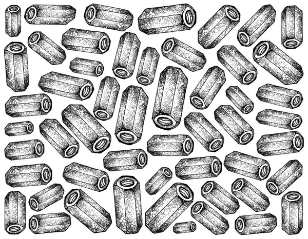 İmalat ve sanayi, kaplin somun veya uzantısı ceviz illüstrasyon elle çizilmiş kroki duvar kağıdı arka plan. Vida dişli delik zımba