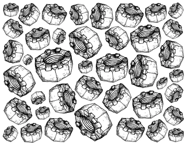 İmalat ve sanayi, illüstrasyon elle çizilmiş kroki oluklu fındık veya Castellated fındık duvar kağıdı arka. Vida dişli delik ile Fastener