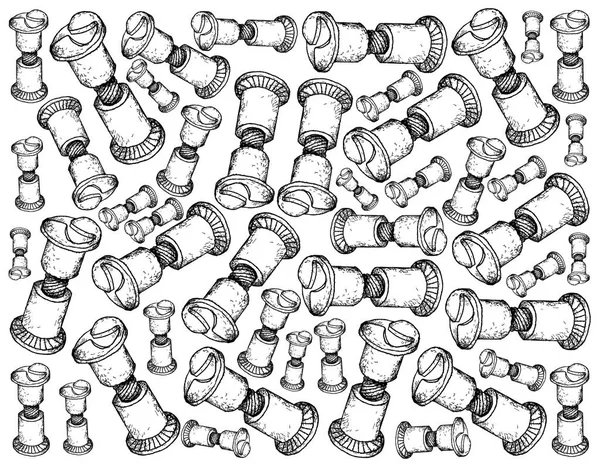 İmalat ve sanayi, vidalar, seks civatalar, varil fındık, yazı ve vidalar veya bağlayıcı cıvata çiftleşme illüstrasyon elle çizilmiş kroki duvar kağıdı arka plan.