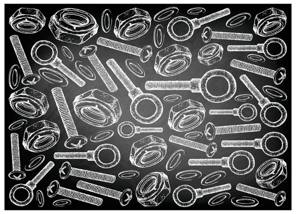 Manufacturing and Industry, Illustration Hand Drawn Sketch Wallpaper Background of Eye Bolts, Machine Screws and Nylon Insert Jam Lock Nuts on Black Chalkboard