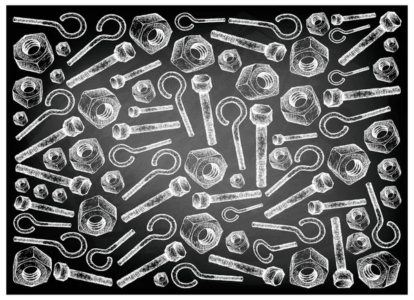 Manufacturing and Industry, Illustration Hand Drawn Sketch Wallpaper Background of Eye Bolts, Hex Bolts and Heavy Hex Nuts on Black Chalkboard