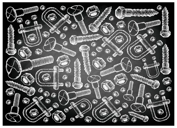 İmalat ve sanayi, illüstrasyon elle çizilmiş kroki duvar kağıdı arka plan çiftleşme vidalar, civatalar ve U cıvata Lag. Fastener malzemeleri birlikte tutturmak için kullanılan bir tür.