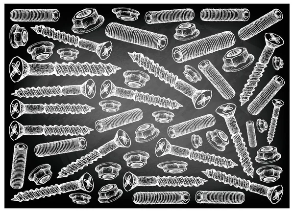 制造业和工业 插画手绘素描壁纸背景木螺丝 设置螺丝和法兰螺母在黑黑板上 — 图库照片