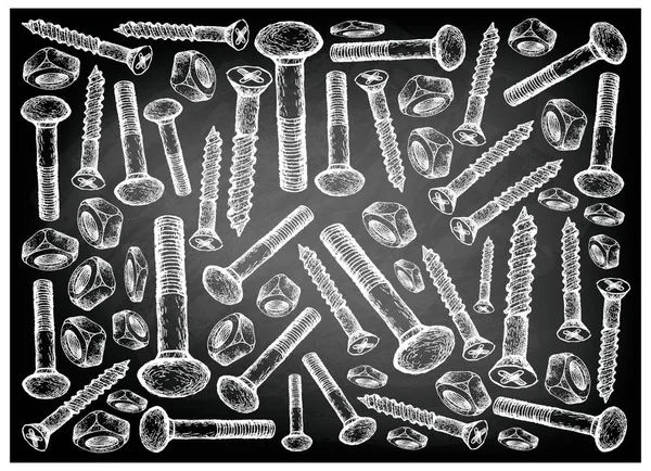İmalat ve sanayi, illüstrasyon elle çizilmiş kroki duvar kağıdı arka plan ağaç vidaları, taşıma cıvata ve siyah kara tahta üzerinde kare somun