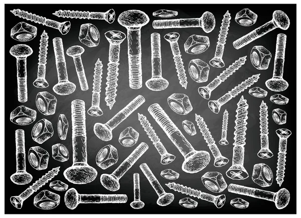 制造业和工业 插画手绘素描壁纸黑色黑板上的木螺丝 马车螺栓和方形螺母的背景 — 图库照片