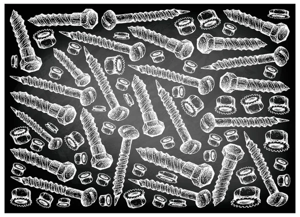 Manufacturing and Industry, Illustration Hand Drawn Sketch Wallpaper Background of Wood Screws, Lag Bolts and Lock Nuts on Black Chalkboard