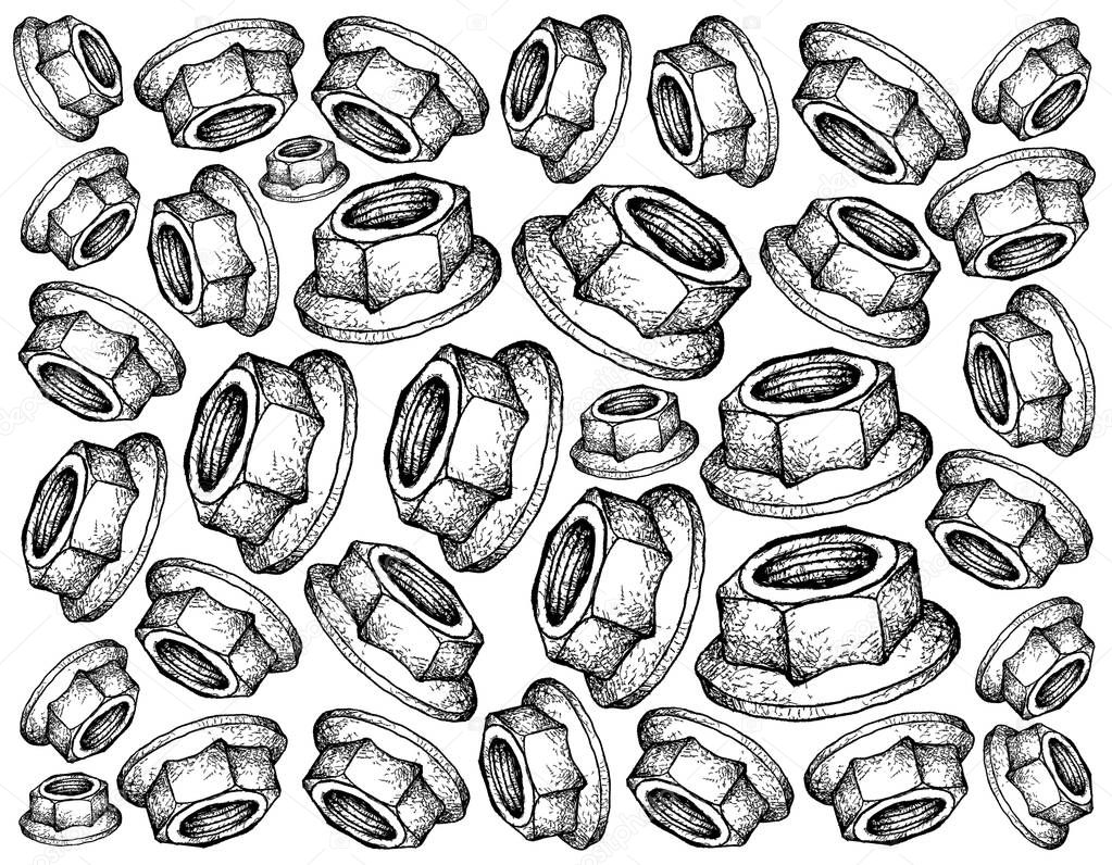 Manufacturing and Industry, Illustration Hand Drawn Sketch Wallpaper Background of Flange Nuts. Fastener with Threaded Hole Used in Conjunction with Mating Bolt to Fasten Parts Together.