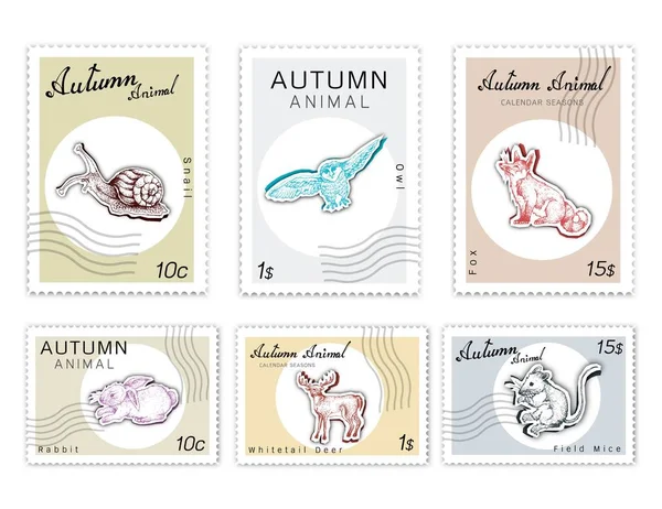 秋季动物 邮票套手绘素描兔 怀特泰尔或弗吉尼亚鹿 猫头鹰 蜗牛和田野小鼠在时尚折纸深纸艺术雕刻风格 — 图库矢量图片