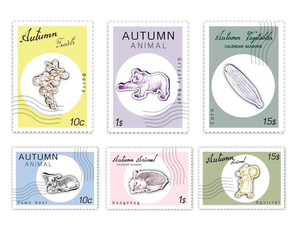 Herbstliche Tiere Und Pflanzen Briefmarken Set Mit Handgezeichneten Skizzen Von — Stockvektor