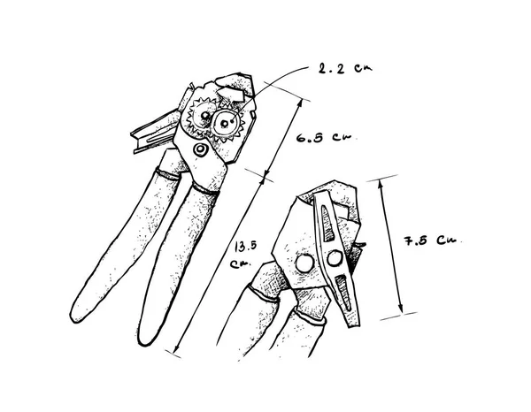 Иллюстрация Ручной Рисунок Размеры Банки Жестяной Нож Изолированные Белом Фоне — стоковый вектор