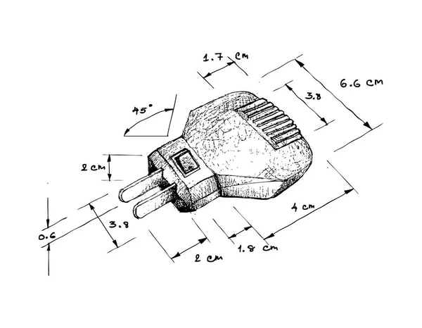 Иллюстрация Ручной Рисунок Размеры Вилки Питания Изолированы Белом Фоне Электрическое — стоковый вектор