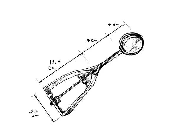 Illustratie Hand Getrokken Schets Dimensie Van Disher Scoop Formaat Ijs — Stockvector