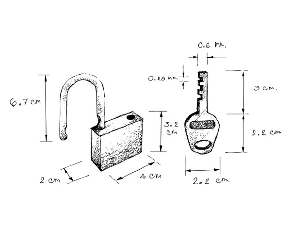 Illustration Croquis Dessiné Main Dimension Serrure Clé Isolée Sur Fond — Image vectorielle