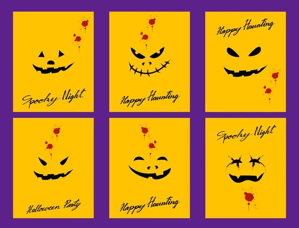 Conjunto Ilustrações Happy Jack Lantern Pumpkins Devil Faces Etiqueta Amarela — Vetor de Stock