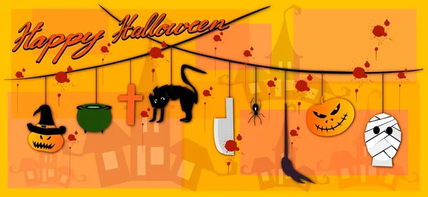 Ilustracja Komplet Happy Ghost Potwory Zło Wiszące Tło Upiorny Halloween — Wektor stockowy