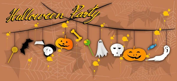 Illustrazione Set Happy Ghost Mostri Malvagi Appesi Sfondo Spettrale Festa — Vettoriale Stock