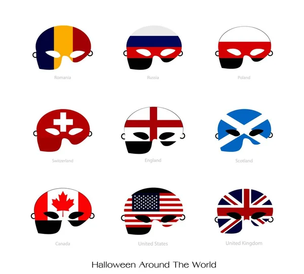 Halloween Världen Illustration Uppsättning Land Flagga Masker För Halloween Fest — Stock vektor
