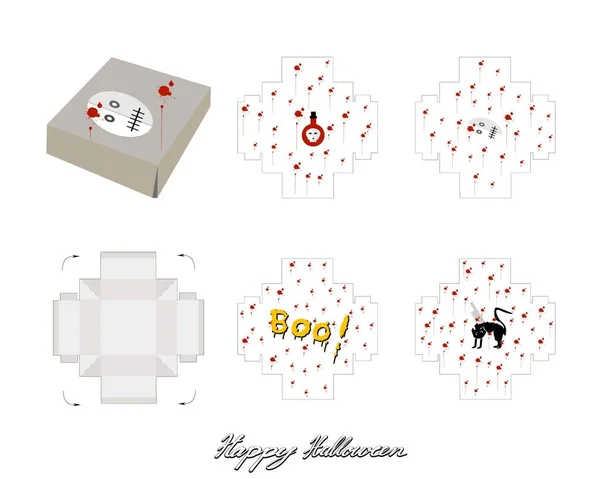 外卖纸盒模切模板模式设计与南瓜 邪恶的蜘蛛和巫婆毒壶万圣节庆祝聚会 — 图库矢量图片