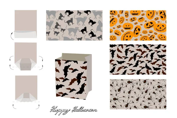 幸せなジャック ランタンのカボチャと紙バッグ モックアップ ハロウィーンのお祝いパーティーのパッケージ デザインと悪背景のイラスト セット — ストックベクタ