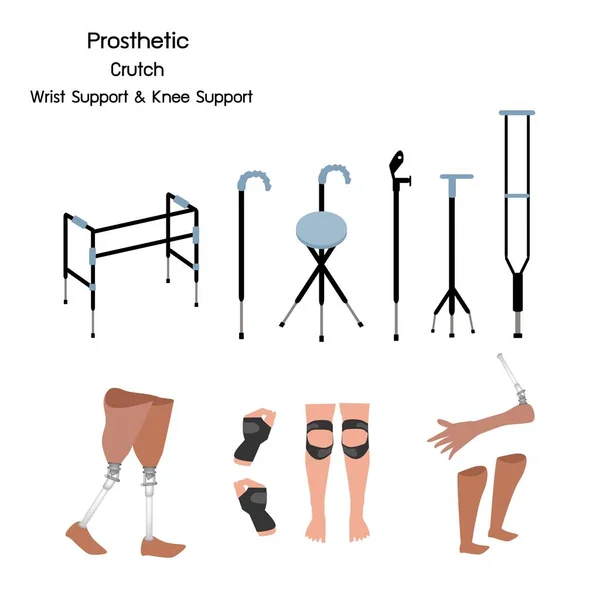 医学概念 例证收集假肢腿 膝和胳膊 拐杖和步行者与手腕和膝支持 — 图库矢量图片