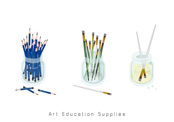 Art Supply Ambachtelijke Paintbrush Kunstenaar Borstels Scherp Potloden Glazen Pot — Stockvector