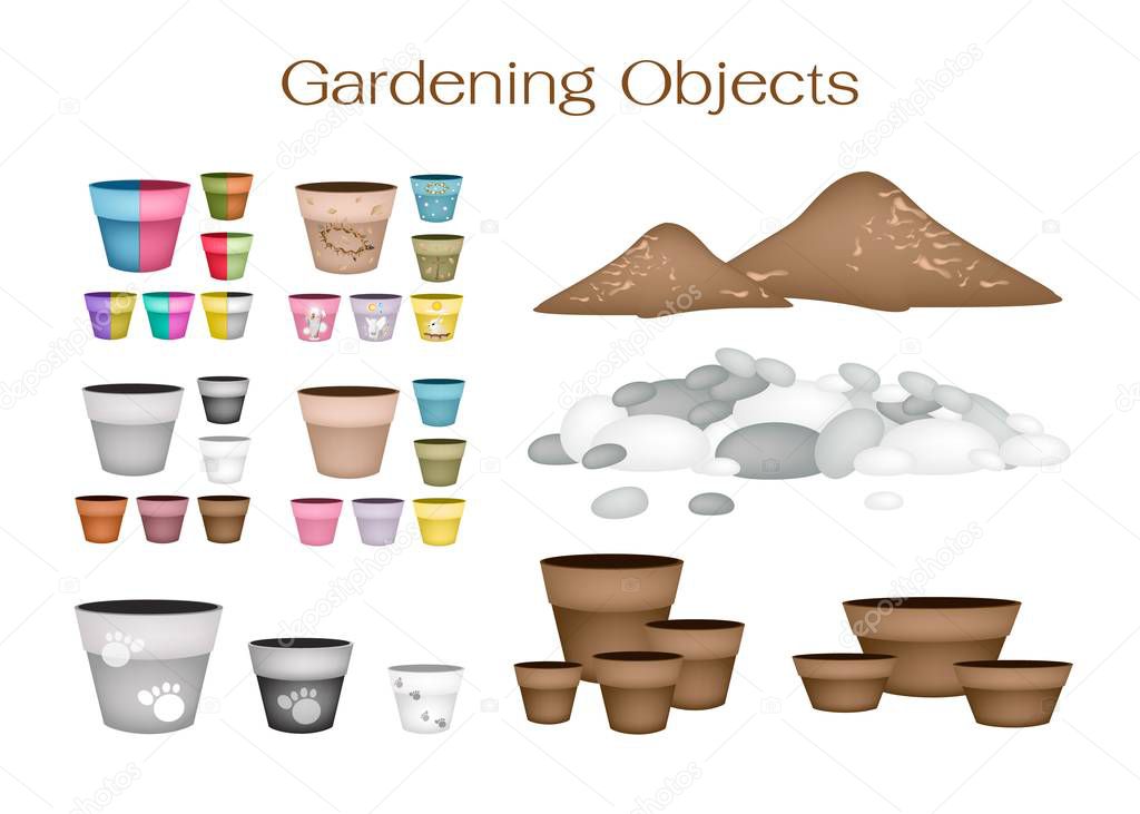 Illustration of Ceramic Flower Pots or Clay Plant Pots with Pebbles and Potting Soil for Growing Plants, Herbs and Vegetables