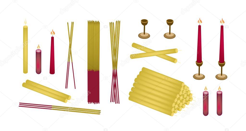 Make Merit Objects, Illustration of Assorted of Candle, Candle Holder and Incense Sticks Isolated on White Background